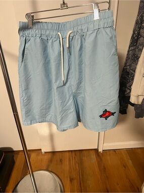 ROMWE Light Blue Men's Swim Trunks with Red Rose Embroidery